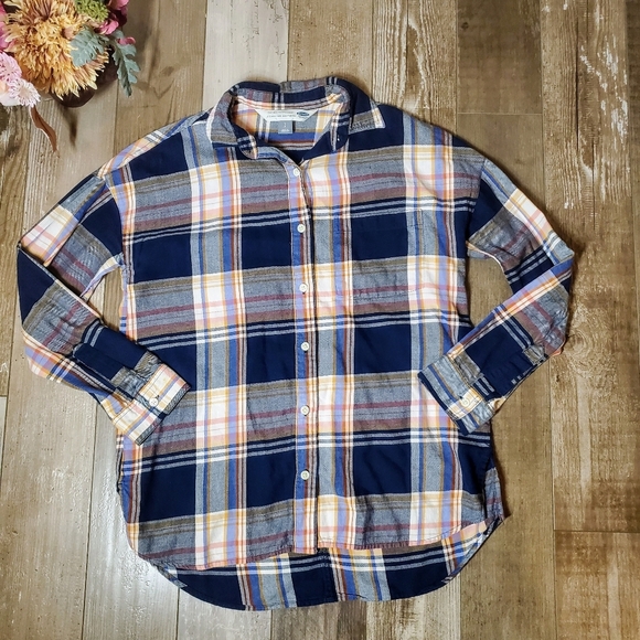 Old Navy The Boyfriend Shirt Blue Orange Yellow Plaid Flannel Button Down - Picture 1 of 16